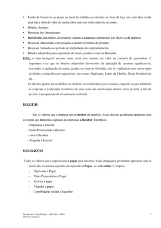  Fundo de Comércio ou ponto ou local de trabalho ou clientela ou fama da loja (um indivíduo vende
uma loja e além do valor de venda cobra mais um valor referente ao ponto)
 Direitos Autorais
 Despesas Pré-Operacionais
 Benfeitorias em prédios de terceiros visando a adaptação operacional aos objetivos da empresa
 Despesas relacionadas com pesquisa e desenvolvimento de produtos
 Despesas realizadas no período de implantação do empreendimento
 Direitos adquiridos para exploração de minas, jazidas e reservas florestais.
OBS.: o bem intangível inexiste como coisa mas assume um valor no contexto do patrimônio. É
importante citar que os direitos adquiridos decorrentes da aplicação de recursos significativos,
destinados à exploração de minas, jazidas ou reservas florestais, não se confundem com outros tipos
de direitos conhecidos por negociáveis, tais como: Duplicatas, Letras de Câmbio, Notas Promissórias
etc.
Os direitos podem ser recebidos em dinheiro ou transferidos para terceiros, enquanto os que habilitam
as empresas à exploração econômica de uma coisa são amortizados durante certo período, a fim de
permitir a recuperação do investimento realizado.
DIREITOS
São os valores que a empresa tem a receber de terceiros. Esses direitos geralmente aparecem com
os nomes dos elementos seguidos da expressão a Receber. Exemplos:
- Duplicatas a Receber
- Notas Promissórias a Receber
- Juros a Receber
- Aluguéis a Receber
OBRIGAÇÕES
Todos os valores que a empresa tem a pagar para terceiros. Essas obrigações geralmente aparecem com os
nomes dos elementos seguidos da expressão a Pagar ou a Recolher Exemplos:
- Duplicatas a Pagar
- Notas Promissórias a Pagar
- Salários a pagar
- Aluguéis a pagar
- Contribuições sociais a Recolher
Introdução à Contabilidade – GST 449 -–2006.1
Denílson Nogueira
7
 
