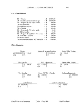CONTABILIZAÇÃO DE PROCESSOS 113
07.03- Contabilidade
DB – Clientes = $ 10.000,00
CR – Receitas de vendas de serviço = $ 10.000,00
DB – Despesas de ISS sobre vendas = $ 500,00
CR - ISS a recolher = $ 500,00
DB - IRRF a recuperar = $ 150,00
CR – Clientes = $ 150,00
DB – Despesas de PIS sobre venda = $ 65,00
CR - PIS a recolher = $ 65,00
DB – Despesas de COFINS sobre vendas = $ 200,00
CR – COFINS a recolher = $ 200,00
DB - Custo serviço = $ 1.500,00
CR - Folha de pagamento -C/C apropriar = $ 1.500,00
07.04 - Razonetes
Contabilização de Processos Página 113 de 148 Rafael Vanderlei
Clientes
(1)10.000,00 (2) 150,00
(D) (C)
Receita de Vendas Serviços
(1)10.000,00
(C)
Desp. ISS s/ Vendas
(1) 500,00
(D)
ISS a Recolher
(1) 500,00
(C)
Desp. PIS s/ Vendas
(1) 65,00
(D)
IRRF a Recuperar
(2) 150,00
(D)
COFINS a Recolher
(1) 200,00
(C)
Desp. COFINS s/ Vendas
(1) 200,00
(D)
PIS a Recolher
(1) 65,00
(C)
Folha de Pagamento
(3) 1.500,00
(C)
Custo Serviço
(3) 1.500,00
(D)
 