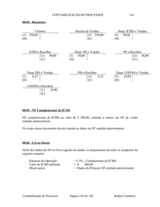 CONTABILIZAÇÃO DE PROCESSOS 116
08.04 - Razonetes
08.05 - NF Complementar de ICMS
NF complementar de ICMS no valor de $ 200,00, cobrado a menor em NF de venda
emitida anteriormente.
No corpo desse documento deverá constar os dados na NF emitida anteriormente.
08.06 - Livros fiscais
Além dos dados da NF no livro registro de saídas, os lançamentos deverão se comportar da
seguinte maneira:
Natureza de Operação = 5.101 - Complemento de ICMS
Valor do ICMS debitado = $ 200,00
Observações = Dados da Primeira NF emitida anteriormente
Contabilização de Processos Página 116 de 148 Rafael Vanderlei
Clientes
(1) 550,00
(D)
Receita de Vendas
(1) 550,00
(C)
Desp. ICMS s/ Vendas
(1) 90,00
(D)
PIS a Recolher
(1) 6,25
(C)
Desp. IPI s/ Vendas
(1) 50,00
(D)
IPI a Recolher
(1) 50,00
(C)
ICMS a Recolher
(1) 90,00
(C)
COFINS a Recolher
(1) 10,00
(C)
Desp. PIS s/ Vendas
(1) 6,25
(D)
Desp. COFINS s/ Vendas
(1) 10,00
(D)
 