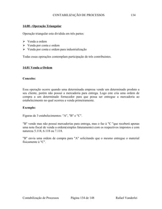 CONTABILIZAÇÃO DE PROCESSOS 134
14.00 - Operação Triangular
Operação triangular esta dividida em três partes:
 Venda a ordem
 Venda por conta e ordem
 Venda por conta e ordem para industrialização
Todas essas operações contemplam participação de três contribuintes.
14.01 Venda a Ordem
Conceito:
Essa operação ocorre quando uma determinada empresa vende um determinado produto a
seu cliente, porém não possuí a mercadoria para entrega. Logo este cria uma ordem de
compra a um determinado fornecedor para que possa ser entregue a mercadoria ao
estabelecimento no qual ocorreu a venda primeiramente.
Exemplo:
Figuras de 3 estabelecimentos: "A", "B" e "C".
"B" vende mas não possui mercadorias para entrega, mas o faz à "C "que receberá apenas
uma nota fiscal de venda a ordem(simples faturamento) com os respectivos impostos e com
natureza 5.118, 6.118 ou 7.118.
"B" envia uma ordem de compra para "A" solicitando que o mesmo entregue o material
fisicamente à "C".
Contabilização de Processos Página 134 de 148 Rafael Vanderlei
 