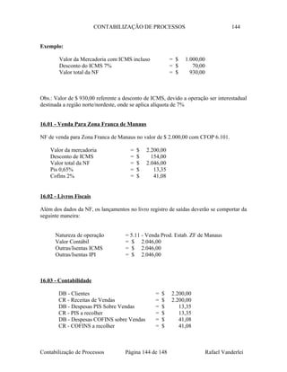 CONTABILIZAÇÃO DE PROCESSOS 144
Exemplo:
Valor da Mercadoria com ICMS incluso = $ 1.000,00
Desconto do ICMS 7% = $ 70,00
Valor total da NF = $ 930,00
Obs.: Valor de $ 930,00 referente a desconto de ICMS, devido a operação ser interestadual
destinada a região norte/nordeste, onde se aplica alíquota de 7%
16.01 - Venda Para Zona Franca de Manaus
NF de venda para Zona Franca de Manaus no valor de $ 2.000,00 com CFOP 6.101.
Valor da mercadoria = $ 2.200,00
Desconto de ICMS = $ 154,00
Valor total da NF = $ 2.046,00
Pis 0,65% = $ 13,35
Cofins 2% = $ 41,08
16.02 - Livros Fiscais
Além dos dados da NF, os lançamentos no livro registro de saídas deverão se comportar da
seguinte maneira:
Natureza de operação = 5.11 - Venda Prod. Estab. ZF de Manaus
Valor Contábil = $ 2.046,00
Outras/Isentas ICMS = $ 2.046,00
Outras/Isentas IPI = $ 2.046,00
16.03 - Contabilidade
DB - Clientes = $ 2.200,00
CR - Receitas de Vendas = $ 2.200,00
DB - Despesas PIS Sobre Vendas = $ 13,35
CR - PIS a recolher = $ 13,35
DB - Despesas COFINS sobre Vendas = $ 41,08
CR - COFINS a recolher = $ 41,08
Contabilização de Processos Página 144 de 148 Rafael Vanderlei
 