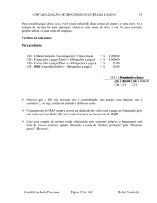 CONTABILIZAÇÃO DE PROCESSOS DE ENTRADA E SAIDA 15
Para contabilização desse caso, você estará utilizando duas contas de passivo e uma ativo. Se a
compra de serviço for para produção, utiliza-se uma conta de ativo e ser for para consumo
próprio utiliza-se uma conta de despesas.
Veremos os dois casos:
Para produção:
DB - Ordem produção I ou estoques(A T Bens troca) = $ 1.000,00
CR - Fornecedor a pagar(Passivo- Obrigações a pagar) = $ 1.000,00
DB - Fornecedor a pagar(Passivo - Obrigações a pagar) = $ 15,00
CR - IRRF a recolher(Passivo - Obrigações a pagar) = $ 15,00
 Observe que o ISS nas entradas não é contabilizado, isto porque esse imposto não é
cumulativo, ou seja, crédito na entrada e débito na saída.
 O lançamento do IRRF sempre deverá ser deduzido do valor total a pagar ao fornecedor, pois
este valor será recolhido à Receita Federal através do documento de DARF.
 Caso essa compra de serviço esteja relacionada com consumo próprio, o lançamento será
feito da mesma maneira, apenas alterando a conta de "Ordem produção" para "Despesas
gerais" (Despesa).
Contabilização de Processos Página 15 de 148 Rafael Vanderlei
Ordem Produção
(2) 1.000,00
(D)
Fornecedor a Pagar
(1) 15,00 (1) 1.000,00
(D) (C)
IRRF a Recolher
(2) 15,00
(C)
 