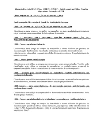 Alteração Convênio ICMS S/N de 15.12.70 – SINIEF – Relativamente ao Código Fiscal de
Operações e Prestações - CFOP
CÓDIGO FISCAL DE OPERAÇÕES E DE PRESTAÇÕES
Das Entradas De Mercadorias E Bens E Da Aquisição De Serviços
1.000 - ENTRADAS OU, AQUISIÇÕES DE SERVIÇOS DO ESTADO
Classificam-se, neste grupo, as operações ou prestações em que o estabelecimento remetente
esteja localizado na mesma unidade da Federação do destinatário
1.100 - COMPRAS PARA INDUSTRIALIZAÇÃO, COMERCIALIZAÇÃO OU
PRESTAÇÃO DE SERVIÇOS
1.101 - Compra para Industrialização
Classificam-se neste código as compras de mercadorias a serem utilizadas em processo de
industrialização. Também serão classificadas neste código as entradas de mercadorias em
estabelecimento industrial de cooperativa recebidas de seus cooperados ou de estabelecimento de
outra cooperativa.
1.102 - Compra para Comercialização
Classificam-se neste código as compras de mercadorias a serem comercializadas. Também serão
classificadas neste código as entradas de mercadorias em estabelecimento comercial de
cooperativa recebidas de seus cooperados ou de estabelecimento de outra cooperativa.
1.111 – Compra para industrialização de mercadoria recebida anteriormente em
consignação industrial.
Classificam-se neste código as compras efetivas de mercadorias a serem utilizadas em processo
de industrialização, recebidas anteriormente a título de consignação industrial.
1.113-Compra para comercialização, de mercadoria recebida anteriormente em
consignação mercantil.
Classificam-se neste código as compras efetivas de mercadorias recebidas anteriormente a título
de consignação mercantil.
1.116 - Compra para industrialização originada de encomenda para recebimento futuro.
Classificam-se neste código as compras de mercadorias a serem utilizadas em processo de
industrialização, quando da entrada real da mercadoria, cuja aquisição tenha sido classificada no
código "1.922 - Lançamento efetuado a título de simples faturamento decorrente de compra para
recebimento futuro" .
 