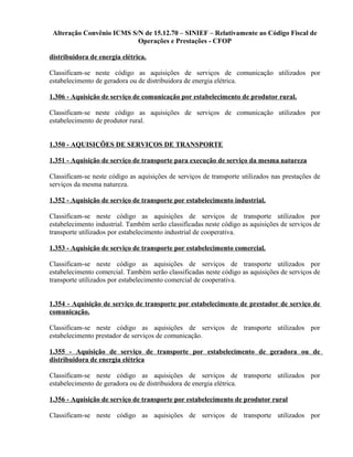 Alteração Convênio ICMS S/N de 15.12.70 – SINIEF – Relativamente ao Código Fiscal de
Operações e Prestações - CFOP
distribuidora de energia elétrica.
Classificam-se neste código as aquisições de serviços de comunicação utilizados por
estabelecimento de geradora ou de distribuidora de energia elétrica.
1.306 - Aquisição de serviço de comunicação por estabelecimento de produtor rural.
Classificam-se neste código as aquisições de serviços de comunicação utilizados por
estabelecimento de produtor rural.
1.350 - AQUISIÇÕES DE SERVIÇOS DE TRANSPORTE
1.351 - Aquisição de serviço de transporte para execução de serviço da mesma natureza
Classificam-se neste código as aquisições de serviços de transporte utilizados nas prestações de
serviços da mesma natureza.
1.352 - Aquisição de serviço de transporte por estabelecimento industrial.
Classificam-se neste código as aquisições de serviços de transporte utilizados por
estabelecimento industrial. Também serão classificadas neste código as aquisições de serviços de
transporte utilizados por estabelecimento industrial de cooperativa.
1.353 - Aquisição de serviço de transporte por estabelecimento comercial.
Classificam-se neste código as aquisições de serviços de transporte utilizados por
estabelecimento comercial. Também serão classificadas neste código as aquisições de serviços de
transporte utilizados por estabelecimento comercial de cooperativa.
1.354 - Aquisição de serviço de transporte por estabelecimento de prestador de serviço de
comunicação.
Classificam-se neste código as aquisições de serviços de transporte utilizados por
estabelecimento prestador de serviços de comunicação.
1.355 - Aquisição de serviço de transporte por estabelecimento de geradora ou de
distribuidora de energia elétrica
Classificam-se neste código as aquisições de serviços de transporte utilizados por
estabelecimento de geradora ou de distribuidora de energia elétrica.
1.356 - Aquisição de serviço de transporte por estabelecimento de produtor rural
Classificam-se neste código as aquisições de serviços de transporte utilizados por
 