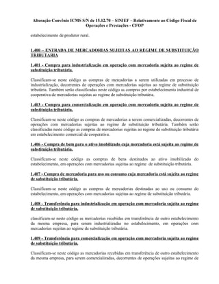 Alteração Convênio ICMS S/N de 15.12.70 – SINIEF – Relativamente ao Código Fiscal de
Operações e Prestações - CFOP
estabelecimento de produtor rural.
1.400 – ENTRADA DE MERCADORIAS SUJEITAS AO REGIME DE SUBSTITUIÇÃO
TRIBUTARIA
1.401 - Compra para industrialização em operação com mercadoria sujeita ao regime de
substituição tributária.
Classificam-se neste código as compras de mercadorias a serem utilizadas em processo de
industrialização, decorrentes de operações com mercadorias sujeitas ao regime de substituição
tributária. Também serão classificadas neste código as compras por estabelecimento industrial de
cooperativa de mercadorias sujeitas ao regime de substituição tributária.
1.403 - Compra para comercialização em operação com mercadoria sujeita ao regime de
substituição tributária.
Classificam-se neste código as compras de mercadorias a serem comercializadas, decorrentes de
operações com mercadorias sujeitas ao regime de substituição tributária. Também serão
classificadas neste código as compras de mercadorias sujeitas ao regime de substituição tributária
em estabelecimento comercial de cooperativa.
1.406 - Compra de bem para o ativo imobilizado cuja mercadoria está sujeita ao regime de
substituição tributária.
Classificam-se neste código as compras de bens destinados ao ativo imobilizado do
estabelecimento, em operações com mercadorias sujeitas ao regime de substituição tributária.
1.407 - Compra de mercadoria para uso ou consumo cuja mercadoria está sujeita ao regime
de substituição tributária.
Classificam-se neste código as compras de mercadorias destinadas ao uso ou consumo do
estabelecimento, em operações com mercadorias sujeitas ao regime de substituição tributária.
1.408 - Transferência para industrialização em operação com mercadoria sujeita ao regime
de substituição tributária.
classificam-se neste código as mercadorias recebidas em transferência de outro estabelecimento
da mesma empresa, para serem industrializadas no estabelecimento, em operações com
mercadorias sujeitas ao regime de substituição tributária.
1.409 - Transferência para comercialização em operação com mercadoria sujeita ao regime
de substituição tributária.
Classificam-se neste código as mercadorias recebidas em transferência de outro estabelecimento
da mesma empresa, para serem comercializadas, decorrentes de operações sujeitas ao regime de
 