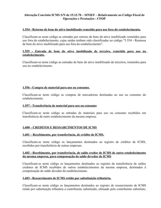 Alteração Convênio ICMS S/N de 15.12.70 – SINIEF – Relativamente ao Código Fiscal de
Operações e Prestações - CFOP
1.554 - Retorno de bem do ativo imobilizado remetido para uso fora do estabelecimento.
Classificam-se neste código as entradas por retorno de bens do ativo imobilizado remetidos para
uso fora do estabelecimento, cujas saídas tenham sido classificadas no código "5.554 - Remessa
de bem do ativo imobilizado para uso fora do estabelecimento".
1.555 - Entrada de bem do ativo imobilizado de terceiro, remetido para uso no
estabelecimento.
Classificam-se neste código as entradas de bens do ativo imobilizado de terceiros, remetidos para
uso no estabelecimento.
1.556 - Compra de material para uso ou consumo.
Classificam-se neste código as compras de mercadorias destinadas ao uso ou consumo do
estabelecimento.
1.557 - Transferência de material para uso ou consumo
Classificam-se neste código as entradas de materiais para uso ou consumo recebidos em
transferência de outro estabelecimento da mesma empresa.
1.600 – CREDITOS E RESSARCIMENTOS DE ICMS
1.601 – Recebimento, por transferência, de crédito de ICMS.
Classificam-se neste código os lançamentos destinados ao registro de créditos de ICMS,
recebidos por transferência de outras empresas.
1.602 - Recebimento, por transferência, de saldo credor de ICMS de outro estabelecimento
da mesma empresa, para compensação de saldo devedor de ICMS
Classificam-se neste código os lançamentos destinados ao registro da transferência de saldos
credores de ICMS recebidos de outros estabelecimentos da mesma empresa, destinados à
compensação do saldo devedor do estabelecimento.
1.603 - Ressarcimento de ICMS retido por substituição tributária.
Classificam-se neste código os lançamentos destinados ao registro de ressarcimento de ICMS
retido por substituição tributária a contribuinte substituído, efetuado pelo contribuinte substituto,
 
