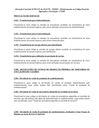 Alteração Convênio ICMS S/N de 15.12.70 – SINIEF – Relativamente ao Código Fiscal de
Operações e Prestações - CFOP
PRESTAÇÃO DE SERVIÇOS
2.151 - Transferência para Industrialização.
Classificam-se neste código as entradas de mercadorias recebidas em transferência de outro
estabelecimento da mesma empresa, para serem utilizadas em processo de industrialização.
2.152 - Transferência para Comercialização.
Classificam-se neste código as entradas de mercadorias recebidas em transferência de outro
estabelecimento da mesma empresa, para serem comercializadas.
2.153 - Transferência de energia elétrica para distribuição
Classificam-se neste código as entradas de energia elétrica recebida em transferência de outro
estabelecimento da mesma empresa, para distribuição.
2.154 - Transferência para utilização na prestação de serviço
Classificam-se neste código as entradas de mercadorias recebidas em transferência de outro
estabelecimento da mesma empresa, para serem utilizadas nas prestações de serviços.
2.200 - DEVOLUÇÕES DE VENDAS DE PRODUÇÃO PRÓPRIA, DE TERCEIROS OU
ANULAÇÕES DE VALORES
2.201 - Devolução de venda de produção do estabelecimento.
Classificam-se neste código as devoluções de vendas de produtos industrializados pelo
estabelecimento, cujas saídas tenham sido classificadas como "Venda de produção do
estabelecimento".
2.202 - Devolução de venda de mercadoria adquirida ou recebida de terceiros.
Classificam-se neste código as devoluções de vendas de mercadorias adquiridas ou recebidas de
terceiros, que não tenham sido objeto de industrialização no estabelecimento, cujas saídas tenham
sido classificadas como "Venda de mercadoria adquirida ou recebida de terceiros".
2.203 - Devolução de venda de produção do estabelecimento, destinada à Zona Franca de
Manaus ou Áreas de Livre Comércio.
 