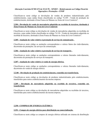 Alteração Convênio ICMS S/N de 15.12.70 – SINIEF – Relativamente ao Código Fiscal de
Operações e Prestações - CFOP
Classificam-se neste código as devoluções de vendas de produtos industrializados pelo
estabelecimento, cujas saídas foram classificadas no código "6.109 - Venda de produção do
estabelecimento, destinada à Zona Franca de Manaus ou Áreas de Livre Comércio".
2.204 - Devolução de venda de mercadoria adquirida ou recebida de terceiros, destinada à
Zona Franca de Manaus ou Áreas de Livre Comércio
Classificam-se neste código as devoluções de vendas de mercadorias adquiridas ou recebidas de
terceiros, cujas saídas foram classificadas no código "6.110 - Venda de mercadoria adquirida ou
recebida de terceiros, destinada à Zona Franca de Manaus ou Áreas de Livre Comércio".
2.205 - Anulação de valor relativo à prestação de serviço de comunicação .
Classificam-se neste código as anulações correspondentes a valores fatura dos indevidamente,
decorrentes de prestações. de serviços de comunicação.
2.206 - Anulação de valor relativo à prestação de serviço de transporte .
Classificam-se neste código as anulações correspondentes a valores faturados indevidamente,
decorrentes de prestações de serviços de transporte.
2.207 - Anulação de valor relativo à venda de energia elétrica.
Classificam-se neste código as anulações correspondentes a valores faturados indevidamente,
decorrentes de venda de energia elétrica.
2.2.08 – Devolução de produção do estabelecimento, remetida em transferência.
Classificam-se neste código as devoluções de produtos industrializados pelo estabelecimento,
transferidos para outros estabelecimentos da mesma empresa.
2.209 - Devolução de mercadoria adquirida ou recebida de terceiros, remetida em
transferência
Classificam-se neste código as devoluções de mercadorias adquiridas ou recebidas de terceiros,
transferidas para outros estabelecimentos da mesma empresa.
2.250 - COMPRAS DE ENERGIA ELÉTRICA
2.251 - Compra de energia elétrica para distribuição ou comercialização.
Classificam-se neste código as compras de energia elétrica utilizada em sistema de distribuição
 