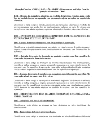 Alteração Convênio ICMS S/N de 15.12.70 – SINIEF – Relativamente ao Código Fiscal de
Operações e Prestações - CFOP
2.415 - Retorno de mercadoria adquirida ou recebida de terceiros, remetida para venda
fora do estabelecimento em operação com mercadoria sujeita ao regime de substituição
tributária.
Classificam-se neste código as entradas, em retorno, de mercadorias adquiridas ou recebidas de
terceiros remetidas para vendas fora do estabelecimento, inclusive por meio de veículos, em
operações com mercadorias sujeitas ao regime de substituição tributária, e não comercializadas.
2.500 - ENTRADAS DE MERCADORIAS REMETIDAS COM FIM ESPECÍFICO DE
EXPORTAÇÃO E EVENTUAIS DEVOLUÇÕES
2.501- Entrada de mercadoria recebida com fim específico de exportação .
Classificam-se neste código as entradas de mercadorias em estabelecimento de trading company,
empresa comercial exportadora ou outro estabelecimento do remetente, com fim específico de
exportação.
2.503 - Entrada decorrente de devolução de produto remetido com fim específico de
exportação, de produção do estabelecimento.
Classificam-se neste código as devoluções de produtos industrializados pelo estabelecimento,
remetidos a trading company, a empresa comercial exportadora ou a outro estabelecimento do
remetente, com fim específico de exportação, cujas saídas tenham sido classificadas no código
"6.501 Remessa de produção do estabelecimento, com fim específico de exportação" .
2.504 - Entrada decorrente de devolução de mercadoria remetida com fim específico "de
exportação, adquirida ou recebida de terceiros.
Classificam-se neste código as devoluções de mercadorias adquiridas ou recebidas de terceiros
remetidas a trading company, a empresa comercial exportadora ou a outro estabelecimento do
remetente, com fim específico de exportação, cujas saídas tenham sido classificadas no- código
"6.502 Remessa de mercadoria adquirida ou recebida de terceiros, com fim específico de
exportação".
2.550 - OPERAÇÕES COM BENS DE ATIVO IMOBILIZADO E MATERIAIS PARA
USO OU CONSUMO
2.551 - Compra de bem para o ativo imobilizado.
Classificam-se neste código as compras de bens destinados ao ativo imobilizado do
estabelecimento.
2.552 - Transferência de bem do ativo imobilizado.
Classificam-se neste código as entradas de bens destinados ao ativo imobilizado recebidos em
 