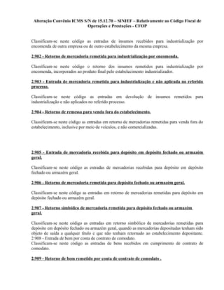 Alteração Convênio ICMS S/N de 15.12.70 – SINIEF – Relativamente ao Código Fiscal de
Operações e Prestações - CFOP
Classificam-se neste código as entradas de insumos recebidos para industrialização por
encomenda de outra empresa ou de outro estabelecimento da mesma empresa.
2.902 - Retorno de mercadoria remetida para industrialização por encomenda.
Classificam-se neste código o retorno dos insumos remetidos para industrialização por
encomenda, incorporados ao produto final pelo estabelecimento industrializador.
2.903 - Entrada de mercadoria remetida para industrialização e não aplicada no referido
processo.
Classificam-se neste código as entradas em devolução de insumos remetidos para
industrialização e não aplicados no referido processo.
2.904 - Retorno de remessa para venda fora do estabelecimento.
Classificam-se neste código as entradas em retorno de mercadorias remetidas para venda fora do
estabelecimento, inclusive por meio de veículos, e não comercializadas.
2.905 - Entrada de mercadoria recebida para depósito em depósito fechado ou armazém
geral.
Classificam-se neste código as entradas de mercadorias recebidas para depósito em depósito
fechado ou armazém geral.
2.906 - Retorno de mercadoria remetida para depósito fechado ou armazém geral.
Classificam-se neste código as entradas em retorno de mercadorias remetidas para depósito em
depósito fechado ou armazém geral.
2.907 - Retorno simbólico de mercadoria remetida para depósito fechado ou armazém
geral.
Classificam-se neste código as entradas em retorno simbólico de mercadorias remetidas para
depósito em depósito fechado ou armazém geral, quando as mercadorias depositadas tenham sido
objeto de saída a qualquer título e que não tenham retornado ao estabelecimento depositante.
2.908 - Entrada de bem por conta de contrato de comodato.
Classificam-se neste código as entradas de bens recebidos em cumprimento de contrato de
comodato.
2.909 - Retorno de bem remetido por conta de contrato de comodato .
 