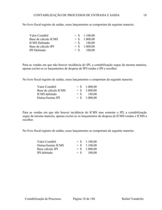 CONTABILIZAÇÃO DE PROCESSOS DE ENTRADA E SAIDA 18
No livro fiscal registro de saídas, esses lançamentos se comportam da seguinte maneira:
Valor Contábil = $ 1.100,00
Base de cálculo ICMS = $ 1.000,00
ICMS Debitado = $ 180,00
Base de cálculo IPI = $ 1.000,00
IPI Debitado = $ 100,00
Para as vendas em que não houver incidência do IPI, a contabilização segue da mesma maneira,
apenas exclui-se os lançamentos de despesa de IPI/vendas e IPI a recolher.
No livro fiscal registro de saídas, esses lançamentos e comportam da seguinte maneira:
Valor Contábil = $ 1.000,00
Base de cálculo ICMS = $ 1.000,00
ICMS debitado = $ 180,00
Outras/Isentas IPI = $ 1.000,00
Para as vendas em que não houver incidência do ICMS mas somente o IPI, a contabilização
segue da mesma maneira, apenas exclui-se os lançamentos de despesa de ICMS/vendas e ICMS a
recolher.
No livro fiscal registro de saídas, esses lançamentos se comportam da seguinte maneira:
Valor Contábil = $ 1.100,00
Outras/Isentas ICMS = $ 1.100,00
Base cálculo IPI = $ 1.000,00
IPI debitado = $ 100,00
Contabilização de Processos Página 18 de 148 Rafael Vanderlei
 