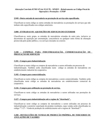Alteração Convênio ICMS S/N de 15.12.70 – SINIEF – Relativamente ao Código Fiscal de
Operações e Prestações - CFOP
2.949 - Outra entrada de mercadoria ou prestação de serviço não especificado.
Classificam-se neste código as outras entradas de mercadorias ou prestações de serviços que não
tenham sido especificados nos códigos anteriores.
3.000 - ENTRADAS OU AQUISIÇÕES DE SERVIÇOS DO EXTERIOR
Classificam-se, neste grupo, as entradas de mercadorias oriundas de outro país, inclusive as
decorrentes de aquisição por arrematação, concorrência ou qualquer outra forma de alienação
promovida pelo poder público, e os serviços iniciados no exterior.
3.100 - COMPRAS PARA INDUSTRIALIZAÇÃO, COMERCIALIZAÇÃO OU
PRESTAÇÃO DE SERVIÇOS
3.101 - Compra para Industrialização
Classificam-se neste código as compras de mercadorias a serem utilizadas em processo de
industrialização. Também serão classificadas neste código as entradas de mercadorias em
estabelecimento industrial de cooperativa.
3.102 - Compra para comercialização.
Classificam-se neste código as compras de mercadorias a serem comercializadas. Também serão
classificadas neste código as entradas de mercadorias em estabelecimento comercial de
cooperativa.
3.126 - Compra para utilização na prestação de serviço.
Classificam-se neste código as entradas de mercadorias a serem utilizadas nas prestações de
serviços.
3.127 - Compra para industrialização sob o regime de "drawback" .
Classificam-se neste código as compras de mercadorias a serem utilizadas em processo de
industrialização e posterior exportação do produto resultante, cujas vendas serão classificadas no
código "7.127 - Venda de produção do estabelecimento sob o regime de "drawback"".
3.200 - DEVOLUÇÕES DE VENDAS DE PRODUÇÃO PRÓPRIA, DE TERCEIROS OU
ANULAÇÕES DE VALORES
 