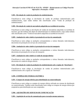 Alteração Convênio ICMS S/N de 15.12.70 – SINIEF – Relativamente ao Código Fiscal de
Operações e Prestações - CFOP
3.201 - Devolução de venda de produção do estabelecimento.
Classificam-se neste código as devoluções de vendas de produtos industrializados pelo
estabelecimento, cujas saídas tenham sido classificadas como "Venda de produção do
estabelecimento".
3.202 - Devolução de venda de mercadoria adquirida ou recebida de terceiros.
Classificam-se neste código as devoluções de vendas de mercadorias adquiridas ou recebidas de
terceiros, que não tenham sido objeto de industrialização no estabelecimento, cujas saídas tenham
sido classificadas como "Venda de mercadoria adquirida ou recebida de terceiros".
3.205 - Anulação de valor relativo à prestação de serviço de comunicação
Classificam-se neste código as anulações correspondentes a valores faturados indevidamente,
decorrentes de prestações de serviços de comunicação.
3.206 - Anulação de valor relativo à prestação de serviço de transporte
Classificam-se neste código as anulações correspondentes a valores faturados indevidamente,
decorrentes de prestações de serviços de transporte.
3.207 - Anulação de valor relativo à venda de energia elétrica
Classificam-se neste código as anulações correspondentes a valores faturados indevidamente,
decorrentes de venda de energia elétrica.
3.211 - Devolução de venda de produção do estabelecimento sob o regime de "drawback".
Classificam-se neste código as devoluções de vendas de produtos industrializados pelo
estabelecimento sob o regime de "drawback".
3.250 - COMPRAS DE ENERGIA ELÉTRICA
3.251 - Compra de energia elétrica para distribuição ou comercialização
Classificam-se neste código as compras de energia elétrica utilizada em sistema de distribuição
ou comercialização. Também serão classificadas neste código as compras de energia elétrica por
cooperativas para distribuição aos seus cooperados.
3.300 - AQUISIÇÕES DE SERVIÇOS DE COMUNICAÇÃO
3.301 - Aquisição de serviço de comunicação para execução mesma natureza.
 