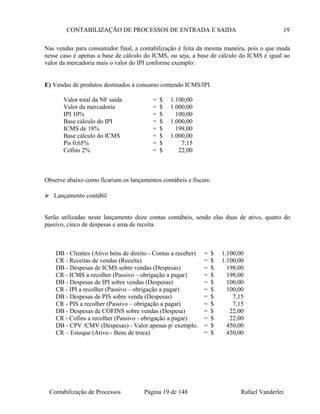 CONTABILIZAÇÃO DE PROCESSOS DE ENTRADA E SAIDA 19
Nas vendas para consumidor final, a contabilização é feita da mesma maneira, pois o que muda
nesse caso é apenas a base de cálculo do ICMS, ou seja, a base de cálculo do ICMS é igual ao
valor da mercadoria mais o valor do IPI conforme exemplo:
E) Vendas de produtos destinados á consumo contendo ICMS/IPI.
Valor total da NF saída = $ 1.100,00
Valor da mercadoria = $ 1.000,00
IPI 10% = $ 100,00
Base cálculo do IPI = $ 1.000,00
ICMS de 18% = $ 198,00
Base cálculo do ICMS = $ 1.000,00
Pis 0,65% = $ 7,15
Cofins 2% = $ 22,00
Observe abaixo como ficariam os lançamentos contábeis e fiscais:
 Lançamento contábil
Serão utilizadas neste lançamento doze contas contábeis, sendo elas duas de ativo, quatro do
passivo, cinco de despesas e uma de receita.
DB - Clientes (Ativo bens de direito - Contas a receber) = $ 1.100,00
CR - Receitas de vendas (Receita) = $ 1.100,00
DB - Despesas de ICMS sobre vendas (Despesas) = $ 198,00
CR - ICMS a recolher (Passivo – obrigação a pagar} = $ 198,00
DB - Despesas de IPI sobre vendas (Despesas) = $ 100,00
CR - IPI a recolher (Passivo – obrigação a pagar) = $ 100,00
DB - Despesas de PIS sobre venda (Despesas) = $ 7,15
CR - PIS a recolher (Passivo – obrigação a pagar) = $ 7,15
DB - Despesas de COFINS sobre vendas (Despesa) = $ 22,00
CR - Cofins a recolher (Passivo - obrigação a pagar) = $ 22,00
DB - CPV /CMV (Despesas) - Valor apenas p/ exemplo. = $ 450,00
CR – Estoque (Ativo - Bens de troca) = $ 450,00
Contabilização de Processos Página 19 de 148 Rafael Vanderlei
 