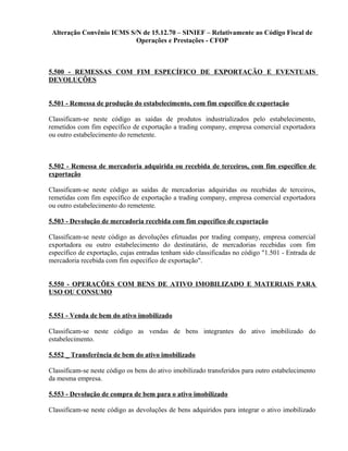 Alteração Convênio ICMS S/N de 15.12.70 – SINIEF – Relativamente ao Código Fiscal de
Operações e Prestações - CFOP
5.500 - REMESSAS COM FIM ESPECÍFICO DE EXPORTAÇÃO E EVENTUAIS
DEVOLUÇÕES
5.501 - Remessa de produção do estabelecimento, com fim específico de exportação
Classificam-se neste código as saídas de produtos industrializados pelo estabelecimento,
remetidos com fim específico de exportação a trading company, empresa comercial exportadora
ou outro estabelecimento do remetente.
5.502 - Remessa de mercadoria adquirida ou recebida de terceiros, com fim específico de
exportação
Classificam-se neste código as saídas de mercadorias adquiridas ou recebidas de terceiros,
remetidas com fim específico de exportação a trading company, empresa comercial exportadora
ou outro estabelecimento do remetente.
5.503 - Devolução de mercadoria recebida com fim específico de exportação
Classificam-se neste código as devoluções efetuadas por trading company, empresa comercial
exportadora ou outro estabelecimento do destinatário, de mercadorias recebidas com fim
específico de exportação, cujas entradas tenham sido classificadas no código "1.501 - Entrada de
mercadoria recebida com fim específico de exportação".
5.550 - OPERAÇÕES COM BENS DE ATIVO IMOBILIZADO E MATERIAIS PARA
USO OU CONSUMO
5.551 - Venda de bem do ativo imobilizado
Classificam-se neste código as vendas de bens integrantes do ativo imobilizado do
estabelecimento.
5.552 _ Transferência de bem do ativo imobilizado
Classificam-se neste código os bens do ativo imobilizado transferidos para outro estabelecimento
da mesma empresa.
5.553 - Devolução de compra de bem para o ativo imobilizado
Classificam-se neste código as devoluções de bens adquiridos para integrar o ativo imobilizado
 