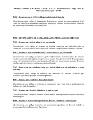 Alteração Convênio ICMS S/N de 15.12.70 – SINIEF – Relativamente ao Código Fiscal de
Operações e Prestações - CFOP
5.603 - Ressarcimento de ICMS retido por substituição tributária.
Classificam-se neste código os lançamentos destinados ao registro de ressarcimento de ICMS
retido por substituição tributária a contribuinte substituído, efetuado pelo contribuinte substituto,
nas hipóteses previstas na legislação aplicável.
5.900 - OUTRAS SAÍDAS DE MERCADORIAS OU PRESTAÇÕES DE SERVIÇOS
5.901 - Remessa para industrialização por encomenda
Classificam-se neste código as remessas de insumos remetidos para industrialização por
encomenda, a ser realizada em outra empresa ou em outro estabelecimento da mesma empresa.
5.902 - Retorno de mercadoria utilizada na industrialização por encomenda
Classificam-se neste código as remessas, pelo estabelecimento industrializador, dos insumos
recebidos para industrialização e incorporados ao produto final, por encomenda de outra empresa
ou de outro estabelecimento da mesma empresa. O valor dos insumos nesta operação deverá ser
igual ao valor dos insumos recebidos para industrialização.
5.903 - Retorno de mercadoria recebida para industrialização e não aplicada no referido
processo
Classificam-se neste código as remessas em devolução de insumos recebidos para
industrialização e não aplicados no referido processo.
5.904 - Remessa para venda fora do estabelecimento
Classificam-se neste código as remessas de mercadorias para venda fora do estabelecimento,
inclusive por meio de veículos.
5.905 - Remessa para depósito fechado ou armazém geral
Classificam-se neste código as remessas de mercadorias para depósito em depósito fechado ou
armazém geral.
5.906 - Retorno de mercadoria depositada em depósito fechado ou armazém geral
Classificam-se neste código os retornos de mercadorias depositadas em depósito fechado ou
armazém geral ao estabelecimento depositante.
 