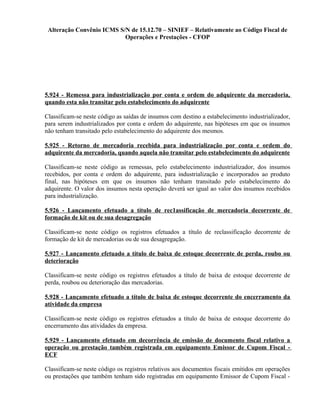 Alteração Convênio ICMS S/N de 15.12.70 – SINIEF – Relativamente ao Código Fiscal de
Operações e Prestações - CFOP
5.924 - Remessa para industrialização por conta e ordem do adquirente da mercadoria,
quando esta não transitar pelo estabelecimento do adquirente
Classificam-se neste código as saídas de insumos com destino a estabelecimento industrializador,
para serem industrializados por conta e ordem do adquirente, nas hipóteses em que os insumos
não tenham transitado pelo estabelecimento do adquirente dos mesmos.
5.925 - Retorno de mercadoria recebida para industrialização por conta e ordem do
adquirente da mercadoria, quando aquela não transitar pelo estabelecimento do adquirente
Classificam-se neste código as remessas, pelo estabelecimento industrializador, dos insumos
recebidos, por conta e ordem do adquirente, para industrialização e incorporados ao produto
final, nas hipóteses em que os insumos não tenham transitado pelo estabelecimento do
adquirente. O valor dos insumos nesta operação deverá ser igual ao valor dos insumos recebidos
para industrialização.
5.926 - Lançamento efetuado a título de rec1assificação de mercadoria decorrente de
formação de kit ou de sua desagregação
Classificam-se neste código os registros efetuados a título de reclassificação decorrente de
formação de kit de mercadorias ou de sua desagregação.
5.927 - Lançamento efetuado a título de baixa de estoque decorrente de perda, roubo ou
deterioração
Classificam-se neste código os registros efetuados a título de baixa de estoque decorrente de
perda, roubou ou deterioração das mercadorias.
5.928 - Lançamento efetuado a título de baixa de estoque decorrente do encerramento da
atividade da empresa
Classificam-se neste código os registros efetuados a título de baixa de estoque decorrente do
encerramento das atividades da empresa.
5.929 - Lançamento efetuado em decorrência de emissão de documento fiscal relativo a
operação ou prestação também registrada em equipamento Emissor de Cupom Fiscal -
ECF
Classificam-se neste código os registros relativos aos documentos fiscais emitidos em operações
ou prestações que também tenham sido registradas em equipamento Emissor de Cupom Fiscal -
 