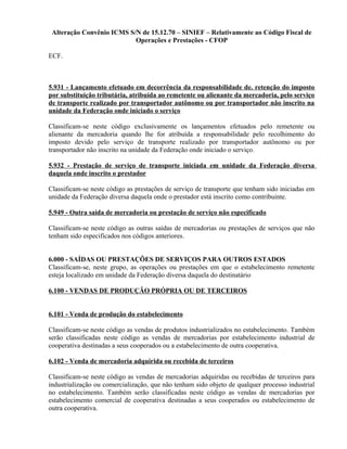 Alteração Convênio ICMS S/N de 15.12.70 – SINIEF – Relativamente ao Código Fiscal de
Operações e Prestações - CFOP
ECF.
5.931 - Lançamento efetuado em decorrência da responsabilidade de. retenção do imposto
por substituição tributária, atribuída ao remetente ou alienante da mercadoria, pelo serviço
de transporte realizado por transportador autônomo ou por transportador não inscrito na
unidade da Federação onde iniciado o serviço
Classificam-se neste código exclusivamente os lançamentos efetuados pelo remetente ou
alienante da mercadoria quando lhe for atribuída a responsabilidade pelo recolhimento do
imposto devido pelo serviço de transporte realizado por transportador autônomo ou por
transportador não inscrito na unidade da Federação onde iniciado o serviço.
5.932 - Prestação de serviço de transporte iniciada em unidade da Federação diversa
daquela onde inscrito o prestador
Classificam-se neste código as prestações de serviço de transporte que tenham sido iniciadas em
unidade da Federação diversa daquela onde o prestador está inscrito como contribuinte.
5.949 - Outra saída de mercadoria ou prestação de serviço não especificado
Classificam-se neste código as outras saídas de mercadorias ou prestações de serviços que não
tenham sido especificados nos códigos anteriores.
6.000 - SAÍDAS OU PRESTAÇÕES DE SERVIÇOS PARA OUTROS ESTADOS
Classificam-se, neste grupo, as operações ou prestações em que o estabelecimento remetente
esteja localizado em unidade da Federação diversa daquela do destinatário
6.100 - VENDAS DE PRODUÇÃO PRÓPRIA OU DE TERCEIROS
6.101 - Venda de produção do estabelecimento
Classificam-se neste código as vendas de produtos industrializados no estabelecimento. Também
serão classificadas neste código as vendas de mercadorias por estabelecimento industrial de
cooperativa destinadas a seus cooperados ou a estabelecimento de outra cooperativa.
6.102 - Venda de mercadoria adquirida ou recebida de terceiros
Classificam-se neste código as vendas de mercadorias adquiridas ou recebidas de terceiros para
industrialização ou comercialização, que não tenham sido objeto de qualquer processo industrial
no estabelecimento. Também serão classificadas neste código as vendas de mercadorias por
estabelecimento comercial de cooperativa destinadas a seus cooperados ou estabelecimento de
outra cooperativa.
 