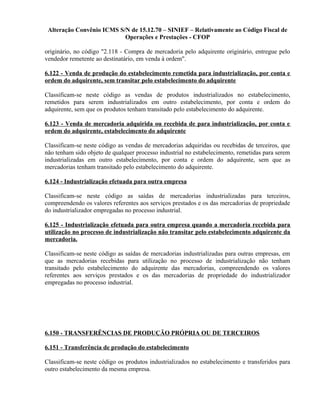 Alteração Convênio ICMS S/N de 15.12.70 – SINIEF – Relativamente ao Código Fiscal de
Operações e Prestações - CFOP
originário, no código "2.118 - Compra de mercadoria pelo adquirente originário, entregue pelo
vendedor remetente ao destinatário, em venda à ordem".
6.122 - Venda de produção do estabelecimento remetida para industrialização, por conta e
ordem do adquirente, sem transitar pelo estabelecimento do adquirente
Classificam-se neste código as vendas de produtos industrializados no estabelecimento,
remetidos para serem industrializados em outro estabelecimento, por conta e ordem do
adquirente, sem que os produtos tenham transitado pelo estabelecimento do adquirente.
6.123 - Venda de mercadoria adquirida ou recebida de para industrialização, por conta e
ordem do adquirente, estabelecimento do adquirente
Classificam-se neste código as vendas de mercadorias adquiridas ou recebidas de terceiros, que
não tenham sido objeto de qualquer processo industrial no estabelecimento, remetidas para serem
industrializadas em outro estabelecimento, por conta e ordem do adquirente, sem que as
mercadorias tenham transitado pelo estabelecimento do adquirente.
6.124 - Industrialização efetuada para outra empresa
Classificam-se neste código as saídas de mercadorias industrializadas para terceiros,
compreendendo os valores referentes aos serviços prestados e os das mercadorias de propriedade
do industrializador empregadas no processo industrial.
6.125 - Industrialização efetuada para outra empresa quando a mercadoria recebida para
utilização no processo de industrialização não transitar pelo estabelecimento adquirente da
mercadoria.
Classificam-se neste código as saídas de mercadorias industrializadas para outras empresas, em
que as mercadorias recebidas para utilização no processo de industrialização não tenham
transitado pelo estabelecimento do adquirente das mercadorias, compreendendo os valores
referentes aos serviços prestados e os das mercadorias de propriedade do industrializador
empregadas no processo industrial.
6.150 - TRANSFERÊNCIAS DE PRODUÇÃO PRÓPRIA OU DE TERCEIROS
6.151 - Transferência de produção do estabelecimento
Classificam-se neste código os produtos industrializados no estabelecimento e transferidos para
outro estabelecimento da mesma empresa.
 