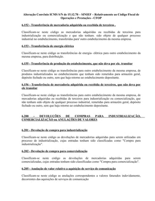 Alteração Convênio ICMS S/N de 15.12.70 – SINIEF – Relativamente ao Código Fiscal de
Operações e Prestações - CFOP
6.152 - Transferência de mercadoria adquirida ou recebida de terceiros .
Classificam-se neste código as mercadorias adquiridas ou recebidas de terceiras para
industrialização ou comercialização e que não tenham. sido objeto de qualquer processo
industrial no estabelecimento, transferidas para' outro estabelecimento da mesma empresa.
6.153 - Transferência de energia elétrica
Classificam-se neste código as transferências de energia- elétrica para outro estabelecimento da
mesma empresa, para distribuição.
6.155 - Transferência de produção do estabelecimento, que não deva por ele. transitar
Classificam-se neste código as transferências para outro estabelecimento da mesma empresa, de
produtos industrializados no estabelecimento que tenham sido remetidos para armazém geral,
depósito fechado ou outro, sem que haja retorno ao estabelecimento depositante.
6.156 - Transferência de mercadoria adquirida ou recebida de terceiros, que não deva por
ele transitar
Classificam-se neste código as transferências para outro estabelecimento da mesma empresa, de
mercadorias adquiridas ou recebidas de terceiros para industrialização ou comercialização, que
não tenham sido objeto de qualquer processo industrial, remetidas para armazém geral, depósito
fechado ou outro, sem que haja retorno ao estabelecimento depositante.
6.200 - DEVOLUÇÕES DE COMPRAS PARA INDUSTRIALIZAÇÃO,
COMERCIALIZAÇÃO ou ANULAÇÕES DE VALORES
6.201 - Devolução de compra para industrialização
Classificam-se neste código as devoluções de mercadorias adquiridas para serem utilizadas em
processo de industrialização, cujas entradas tenham sido classificadas como "Compra para
industrialização".
6.202 - Devolução de compra para comercialização
Classificam-se neste código as devoluções de mercadorias adquiridas para serem
comercializadas, cujas entradas tenham sido classificadas como "Compra para comercialização".
6.205 - Anulação de valor relativo a aquisição de serviço de comunicação
Classificam-se neste código as anulações correspondentes a valores faturados indevidamente,
decorrentes das aquisições de serviços de comunicação
 