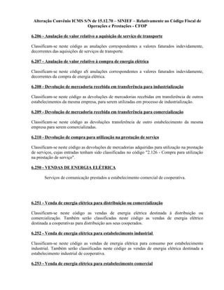 Alteração Convênio ICMS S/N de 15.12.70 – SINIEF – Relativamente ao Código Fiscal de
Operações e Prestações - CFOP
6.206 - Anulação de valor relativo a aquisição de serviço de transporte
Classificam-se neste código as anulações correspondentes a valores faturados indevidamente,
decorrentes das aquisições de serviços de transporte.
6.207 - Anulação de valor relativo à compra de energia elétrica
Classificam-se neste código aS anulações correspondentes a valores faturados indevidamente,
decorrentes da compra de energia elétrica.
6.208 - Devolução de mercadoria recebida em transferência para industrialização
Classificam-se neste código as devoluções de mercadorias recebidas em transferência de outros
estabelecimentos da mesma empresa, para serem utilizadas em processo de industrialização.
6.209 - Devolução de mercadoria recebida em transferência para comercialização
Classificam-se neste código as devoluções transferência de outro estabelecimento da mesma
empresa para serem comercializadas.
6.210 - Devolução de compra para utilização na prestação de serviço
Classificam-se neste código as devoluções de mercadorias adquiridas para utilização na prestação
de serviços, cujas entradas tenham sido classificadas no código "2.126 - Compra para utilização
na prestação de serviço".
6.250 - VENDAS DE ENERGIA ELÉTRICA
Serviços de comunicação prestados a estabelecimento comercial de cooperativa.
6.251 - Venda de energia elétrica para distribuição ou comercialização
Classificam-se neste código as vendas de energia elétrica destinada à distribuição ou
comercialização. Também serão classificadas neste código as vendas de energia elétrico
destinada a cooperativas para distribuição aos seus cooperados.
6.252 - Venda de energia elétrica para estabelecimento industrial
Classificam-se neste código as vendas de energia elétrica para consumo por estabelecimento
industrial. Também serão classificadas neste código as vendas de energia elétrica destinada a
estabelecimento industrial de cooperativa.
6.253 - Venda de energia elétrica para estabelecimento comercial
 