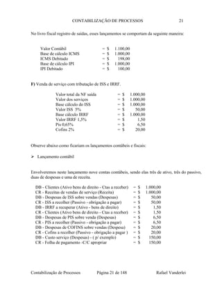 CONTABILIZAÇÃO DE PROCESSOS 21
No livro fiscal registro de saídas, esses lançamentos se comportam da seguinte maneira:
Valor Contábil = $ 1.100,00
Base de cálculo ICMS = $ 1.000,00
ICMS Debitado = $ 198,00
Base de cálculo IPI = $ 1.000,00
IPI Debitado = $ 100,00
F) Venda de serviço com tributação de ISS e IRRF.
Valor total da NF saída = $ 1.000,00
Valor dos serviços = $ 1.000,00
Base cálculo do ISS = $ 1.000,00
Valor ISS 5% = $ 50,00
Base cálculo IRRF = $ 1.000,00
Valor IRRF 1,5% = $ 1,50
Pis 0,65% = $ 6,50
Cofins 2% = $ 20,00
Observe abaixo como ficariam os lançamentos contábeis e fiscais:
 Lançamento contábil
Envolveremos neste lançamento nove contas contábeis, sendo elas três de ativo, três do passivo,
duas de despesas e uma de receita.
DB - Clientes (Ativo bens de direito - Ctas a receber) = $ 1.000,00
CR - Receitas de vendas de serviço (Receita) = $ 1.000,00
DB - Despesas de ISS sobre vendas (Despesas) = $ 50,00
CR - ISS a recolher (Passivo - obrigação a pagar) = $ 50,00
DB - IRRF a recuperar (Ativo - bens de direito) = $ 1,50
CR - Clientes (Ativo bens de direito - Ctas a receber) = $ 1,50
DB - Despesas de PIS sobre venda (Despesas) = $ 6,50
CR - PIS a recolher (Passivo - obrigação a pagar) = $ 6,50
DB - Despesas de COFINS sobre vendas (Despesa) = $ 20,00
CR - Cofins a recolher (Passivo - obrigação a pagar ) = $ 20,00
DB - Custo serviço (Despesas) - ( p/ exemplo) = $ 150,00
CR - Folha de pagamento -C/C apropriar = $ 150,00
Contabilização de Processos Página 21 de 148 Rafael Vanderlei
 