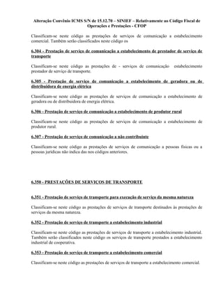 Alteração Convênio ICMS S/N de 15.12.70 – SINIEF – Relativamente ao Código Fiscal de
Operações e Prestações - CFOP
Classificam-se neste código as prestações de serviços de comunicação a estabelecimento
comercial. Também serão classificados neste código os
6.304 - Prestação de serviço de comunicação a estabelecimento de prestador de serviço de
transporte
Classificam-se neste código as prestações de - serviços de comunicação estabelecimento
prestador de serviço de transporte.
6.305 - Prestação de serviço de comunicação a estabelecimento de geradora ou de
distribuidora de energia elétrica
Classificam-se neste código as prestações de serviços de comunicação a estabelecimento de
geradora ou de distribuidora de energia elétrica.
6.306 - Prestação de serviço de comunicação a estabelecimento de produtor rural
Classificam-se neste código as prestações de serviços de comunicação a estabelecimento de
produtor rural.
6.307 - Prestação de serviço de comunicação a não contribuinte
Classificam-se neste código as prestações de serviços de comunicação a pessoas físicas ou a
pessoas jurídicas não indica das nos códigos anteriores.
6.350 - PRESTAÇÕES DE SERVIÇOS DE TRANSPORTE
6.351 - Prestação de serviço de transporte para execução de serviço da mesma natureza
Classificam-se neste código as prestações de serviços de transporte destinados às prestações de
serviços da mesma natureza.
6.352 - Prestação de serviço de transporte a estabelecimento industrial
Classificam-se neste código as prestações de serviços de transporte a estabelecimento industrial.
Também serão classificados neste código os serviços de transporte prestados a estabelecimento
industrial de cooperativa.
6.353 - Prestação de serviço de transporte a estabelecimento comercial
Classificam-se neste código as prestações de serviços de transporte a estabelecimento comercial.
 