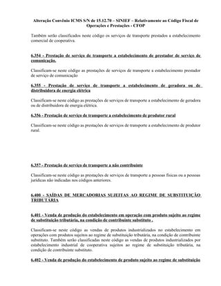 Alteração Convênio ICMS S/N de 15.12.70 – SINIEF – Relativamente ao Código Fiscal de
Operações e Prestações - CFOP
Também serão classificados neste código os serviços de transporte prestados a estabelecimento
comercial de cooperativa.
6.354 - Prestação de serviço de transporte a estabelecimento de prestador de serviço de
comunicação.
Classificam-se neste código as prestações de serviços de transporte a estabelecimento prestador
de serviço de comunicação
6.355 - Prestação de serviço de transporte a estabelecimento de geradora ou de
distribuidora de energia elétrica
Classificam-se neste código as prestações de serviços de transporte a estabelecimento de geradora
ou de distribuidora de energia elétrica.
6.356 - Prestação de serviço de transporte a estabelecimento de produtor rural
Classificam-se neste código as prestações de serviços de transporte a estabelecimento de produtor
rural.
6.357 - Prestação de serviço de transporte a não contribuinte
Classificam-se neste código as prestações de serviços de transporte a pessoas fisicas ou a pessoas
jurídicas não indicadas nos códigos anteriores.
6.400 - SAÍDAS DE MERCADORIAS SUJEITAS AO REGIME DE SUBSTITUIÇÃO
TRIBUTÁRIA
6.401 - Venda de produção do estabelecimento em operação com produto sujeito ao regime
de substituição tributária, na condição de contribuinte substituto .
Classificam-se neste código as vendas de produtos industrializados no estabelecimento em
operações com produtos sujeitos ao regime de substituição tributária, na condição de contribuinte
substituto. Também serão classificadas neste código as vendas de produtos industrializados por
estabelecimento industrial de cooperativa sujeitos ao regime de substituição tributária, na
condição de contribuinte substituto.
6.402 - Venda de produção do estabelecimento de produto sujeito ao regime de substituição
 