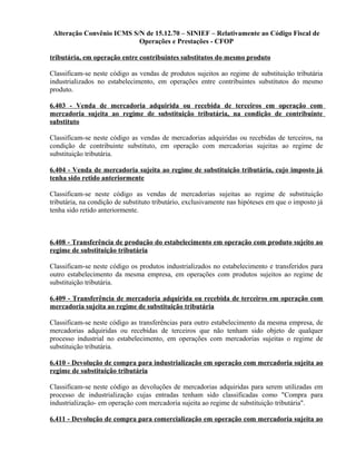 Alteração Convênio ICMS S/N de 15.12.70 – SINIEF – Relativamente ao Código Fiscal de
Operações e Prestações - CFOP
tributária, em operação entre contribuintes substitutos do mesmo produto
Classificam-se neste código as vendas de produtos sujeitos ao regime de substituição tributária
industrializados no estabelecimento, em operações entre contribuintes substitutos do mesmo
produto.
6.403 - Venda de mercadoria adquirida ou recebida de terceiros em operação com
mercadoria sujeita ao regime de substituição tributária, na condição de contribuinte
substituto
Classificam-se neste código as vendas de mercadorias adquiridas ou recebidas de terceiros, na
condição de contribuinte substituto, em operação com mercadorias sujeitas ao regime de
substituição tributária.
6.404 - Venda de mercadoria sujeita ao regime de substituição tributária, cujo imposto já
tenha sido retido anteriormente
Classificam-se neste código as vendas de mercadorias sujeitas ao regime de substituição
tributária, na condição de substituto tributário, exclusivamente nas hipóteses em que o imposto já
tenha sido retido anteriormente.
6.408 - Transferência de produção do estabelecimento em operação com produto sujeito ao
regime de substituição tributária
Classificam-se neste código os produtos industrializados no estabelecimento e transferidos para
outro estabelecimento da mesma empresa, em operações com produtos sujeitos ao regime de
substituição tributária.
6.409 - Transferência de mercadoria adquirida ou recebida de terceiros em operação com
mercadoria sujeita ao regime de substituição tributária
Classificam-se neste código as transferências para outro estabelecimento da mesma empresa, de
mercadorias adquiridas ou recebidas de terceiros que não tenham sido objeto de qualquer
processo industrial no estabelecimento, em operações com mercadorias sujeitas o regime de
substituição tributária.
6.410 - Devolução de compra para industrialização em operação com mercadoria sujeita ao
regime de substituição tributária
Classificam-se neste código as devoluções de mercadorias adquiridas para serem utilizadas em
processo de industrialização cujas entradas tenham sido classificadas como "Compra para
industrialização- em operação com mercadoria sujeita ao regime de substituição tributária".
6.411 - Devolução de compra para comercialização em operação com mercadoria sujeita ao
 