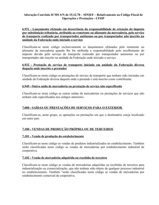 Alteração Convênio ICMS S/N de 15.12.70 – SINIEF – Relativamente ao Código Fiscal de
Operações e Prestações - CFOP
6.931 - Lançamento efetuado em decorrência da responsabilidade de retenção do imposto
por substituição tributária, atribuída ao remetente ou alienante da mercadoria, pelo serviço
de transporte realizado por transportador autônomo ou por transportador não inscrito na
unidade da Federação onde iniciado o serviço
Classificam-se neste código exclusivamente os lançamentos efetuados pelo remetente ou
alienante da mercadoria quando lhe for atribuída a responsabilidade pelo recolhimento do
imposto devido pelo serviço de transporte realizado por transportador autonomo ou por
transportador não inscrito na unidade da Federação onde iniciado o serviço.
6.932 - Prestação de serviço de transporte iniciada em unidade da Federação diversa
daquela onde inscrito o prestador
Classificam-se neste código as prestações de serviço de transporte que tenham sido iniciadas em
unidade da Federação diversa daquela onde o prestado r está inscrito como contribuinte.
6.949 - Outra saída de mercadoria ou prestação de serviço não especificado
Classificam-se neste código as outras saídas de mercadorias ou prestações de serviços que não
tenham sido especificados nos códigos anteriores.
7.000 - SAÍDAS OU PRESTAÇÕES DE SERVIÇOS PARA O EXTERIOR
Classificam-se, neste grupo, as operações ou prestações em que o destinatário esteja localizado
em outro país
7.100 - VENDAS DE PRODUÇÃO PRÓPRIA OU DE TERCEIROS
7.101 - Venda de produção do estabelecimento
Classificam-se neste código as vendas de produtos industrializados no estabelecimento. Também
serão classificadas neste código as vendas de mercadorias por estabelecimento industrial de
cooperativa.
.
7.102 - Venda de mercadoria adquirida ou recebida de terceiros
Classificam-se neste código as vendas de mercadorias adquiridas ou recebidas de terceiros para
industrialização ou comercialização, que não tenham sido objeto de qualquer processo industrial
no estabelecimento. Também "serão classificadas neste código as vendas de mercadorias por
estabelecimento comercial de cooperativa.
 