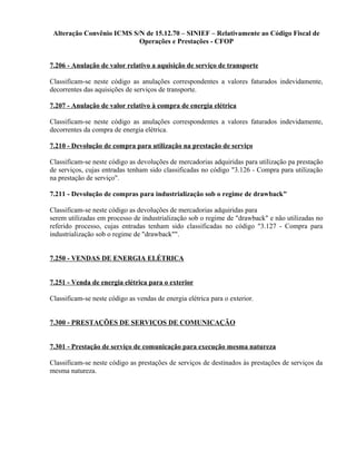 Alteração Convênio ICMS S/N de 15.12.70 – SINIEF – Relativamente ao Código Fiscal de
Operações e Prestações - CFOP
7.206 - Anulação de valor relativo a aquisição de serviço de transporte
Classificam-se neste código as anulações correspondentes a valores faturados indevidamente,
decorrentes das aquisições de serviços de transporte.
7.207 - Anulação de valor relativo à compra de energia elétrica
Classificam-se neste código as anulações correspondentes a valores faturados indevidamente,
decorrentes da compra de energia elétrica.
7.210 - Devolução de compra para utilização na prestação de serviço
Classificam-se neste código as devoluções de mercadorias adquiridas para utilização pa prestação
de serviços, cujas entradas tenham sido classificadas no código "3.126 - Compra para utilização
na prestação de serviço".
7.211 - Devolução de compras para industrialização sob o regime de drawback"
Classificam-se neste código as devoluções de mercadorias adquiridas para
serem utilizadas em processo de industrialização sob o regime de "drawback" e não utilizadas no
referido processo, cujas entradas tenham sido classificadas no código "3.127 - Compra para
industrialização sob o regime de "drawback"".
7.250 - VENDAS DE ENERGIA ELÉTRICA
7.251 - Venda de energia elétrica para o exterior
Classificam-se neste código as vendas de energia elétrica para o exterior.
7.300 - PRESTAÇÕES DE SERVIÇOS DE COMUNICAÇÃO
7.301 - Prestação de serviço de comunicação para execução mesma natureza
Classificam-se neste código as prestações de serviços de destinados às prestações de serviços da
mesma natureza.
 