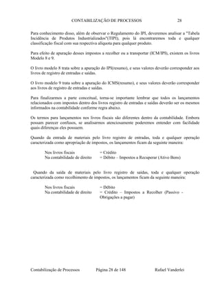 CONTABILIZAÇÃO DE PROCESSOS 28
Para conhecimento disso, além de observar o Regulamento do IPI, deveremos analisar a "Tabela
Incidência de Produtos Industrializados"(TIPI), pois lá encontraremos toda e qualquer
classificação fiscal com sua respectiva alíquota para qualquer produto.
Para efeito de apuração desses impostos a recolher ou a transportar (ICM/IPI), existem os livros
Modelo 8 e 9.
O livro modelo 8 trata sobre a apuração do IPI(resumo), e seus valores deverão corresponder aos
livros de registro de entradas e saídas.
O livro modelo 9 trata sobre a apuração do ICMS(resumo), e seus valores deverão corresponder
aos livros de registro de entradas e saídas.
Para finalizarmos a parte conceitual, torna-se importante lembrar que todos os lançamentos
relacionados com impostos dentro dos livros registro de entradas e saídas deverão ser os mesmos
informados na contabilidade conforme regra abaixo.
Os termos para lançamentos nos livros fiscais são diferentes dentro da contabilidade. Embora
possam parecer confusos, se analisarmos atenciosamente poderemos entender com facilidade
quais diferenças eles possuem.
Quando da entrada de materiais pelo livro registro de entradas, toda e qualquer operação
caracterizada como apropriação de impostos, os lançamentos ficam da seguinte maneira:
Nos livros fiscais = Crédito
Na contabilidade de direito = Débito – Impostos a Recuperar (Ativo Bens)
Quando da saída de materiais pelo livro registro de saídas, toda e qualquer operação
caracterizada como recolhimento de impostos, os lançamentos ficam da seguinte maneira:
Nos livros fiscais = Débito
Na contabilidade de direito = Crédito – Impostos a Recolher (Passivo -
Obrigações a pagar)
Contabilização de Processos Página 28 de 148 Rafael Vanderlei
 