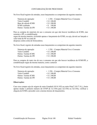 CONTABILIZAÇÃO DE PROCESSOS 36
No livro fiscal registro de entradas, esses lançamentos se comportam da seguinte maneira:
Natureza de operação = 1.556 – Compra Material Uso e Consumo
Valor Contábil = $ 1.100,00
Base de cálculo ICMS = $ 1.100,00
ICMS creditado = $ 198,00
Outras / Isentas do IPI = $ 1.100,00
Para as compras de materiais de uso e consumo em que não houver incidência do ICMS, mas
somente o IPI, a contabilização
segue da mesma maneira, excluindo apenas o lançamento do ICMS, ou seja, deverá ser lançado o
valor total da NF na conta de
despesas contra conta de fornecedores. .
No livro fiscal, registro de entradas esses lançamentos se comportam da seguinte maneira:
Natureza de operação = 1.556 – Compra Material Uso e Consumo
Valor Contábil = $ 1.100,00
Outras / Isentas ICMS = $ 1.100,00
Outras / Isentas do IPI = $ 1.100,00
Para as compras de mate rias de uso e consumo em que não houver incidência do ICMS/IPI, a
contabilização segue da mesma maneira, como a anterior
No livro fiscal registro de entradas, esses lançamentos se comportam da seguinte maneira:
Natureza de operação = 1.556 – Compra Material Uso e Consumo
Valor Contábil = $ 1.100,00
Outras / Isentas ICMS = $ 1.100,00
Outras / Isentas do IPI = $ 1.100,00
Observações:
Caso essa compra seja de origem de outro Estado(6.101/6.102) ou outro País(7.101/7.10_), basta
apenas mudar o primeiro número do CFOP de 1(1.556) para 2(2.556) ou 3(3.556), verificar a
alíquota de ICMS e proceder com a mesma técnica de lançamentos.
Contabilização de Processos Página 36 de 148 Rafael Vanderlei
 