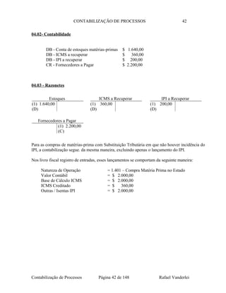 CONTABILIZAÇÃO DE PROCESSOS 42
04.02- Contabilidade
DB - Conta de estoques matérias-primas $ 1.640,00
DB - ICMS a recuperar $ 360,00
DB - IPI a recuperar $ 200,00
CR - Fornecedores a Pagar $ 2.200,00
04.03 - Razonetes
Para as compras de matérias-prima com Substituição Tributária em que não houver incidência do
IPI, a contabilização segue. da mesma maneira, excluindo apenas o lançamento do IPI.
Nos livro fiscal registro de entradas, esses lançamentos se comportam da seguinte maneira:
Natureza de Operação = 1.401 – Compra Matéria Prima no Estado
Valor Contábil = $ 2.000,00
Base de Cálculo ICMS = $ 2.000,00
ICMS Creditado = $ 360,00
Outras / Isentas IPI = $ 2.000,00
Contabilização de Processos Página 42 de 148 Rafael Vanderlei
Estoques
(1) 1.640,00
(D)
IPI a Recuperar
(1) 200,00
(D)
Fornecedores a Pagar
(1) 2.200,00
(C)
ICMS a Recuperar
(1) 360,00
(D)
 