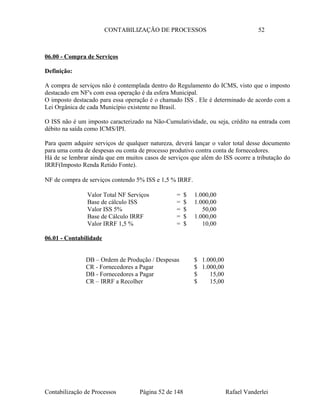 CONTABILIZAÇÃO DE PROCESSOS 52
06.00 - Compra de Serviços
Definição:
A compra de serviços não é contemplada dentro do Regulamento do ICMS, visto que o imposto
destacado em NF's com essa operação é da esfera Municipal.
O imposto destacado para essa operação é o chamado ISS . Ele é determinado de acordo com a
Lei Orgânica de cada Município existente no Brasil.
O ISS não é um imposto caracterizado na Não-Cumulatividade, ou seja, crédito na entrada com
débito na saída como ICMS/IPI.
Para quem adquire serviços de qualquer natureza, deverá lançar o valor total desse documento
para uma conta de despesas ou conta de processo produtivo contra conta de fornecedores.
Há de se lembrar ainda que em muitos casos de serviços que além do ISS ocorre a tributação do
IRRF(Imposto Renda Retido Fonte).
NF de compra de serviços contendo 5% ISS e 1,5 % IRRF.
Valor Total NF Serviços = $ 1.000,00
Base de cálculo ISS = $ 1.000,00
Valor ISS 5% = $ 50,00
Base de Cálculo IRRF = $ 1.000,00
Valor IRRF 1,5 % = $ 10,00
06.01 - Contabilidade
DB – Ordem de Produção / Despesas $ 1.000,00
CR - Fornecedores a Pagar $ 1.000,00
DB - Fornecedores a Pagar $ 15,00
CR – IRRF a Recolher $ 15,00
Contabilização de Processos Página 52 de 148 Rafael Vanderlei
 