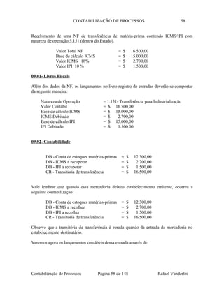 CONTABILIZAÇÃO DE PROCESSOS 58
Recebimento de uma NF de transferência de matéria-prima contendo ICMS/IPI com
natureza de operação 5.151 (dentro do Estado).
Valor Total NF = $ 16.500,00
Base de cálculo ICMS = $ 15.000,00
Valor ICMS 18% = $ 2.700,00
Valor IPI 10 % = $ 1.500,00
09.01- Livros Fiscais
Além dos dados da NF, os lançamentos no livro registro de entradas deverão se comportar
da seguinte maneira:
Natureza de Operação = 1.151- Transferência para Industrialização
Valor Contábil = $ 16.500,00
Base de cálculo ICMS = $ 15.000,00
ICMS Debitado = $ 2.700,00
Base de cálculo IPI = $ 15.000,00
IPI Debitado = $ 1.500,00
09.02- Contabilidade
DB - Conta de estoques matérias-primas = $ 12.300,00
DB - ICMS a recuperar = $ 2.700,00
DB - IPI a recuperar = $ 1.500,00
CR - Transitória de transferência = $ 16.500,00
Vale lembrar que quando essa mercadoria deixou estabelecimento emitente, ocorreu a
seguinte contabilização:
DB - Conta de estoques matérias-primas = $ 12.300,00
DB - ICMS a recolher = $ 2.700,00
DB - IPI a recolher = $ 1.500,00
CR - Transitória de transferência = $ 16.500,00
Observe que a transitória de transferência é zerada quando da entrada da mercadoria no
estabelecimento destinatário.
Veremos agora os lançamentos contábeis dessa entrada através de:
Contabilização de Processos Página 58 de 148 Rafael Vanderlei
 