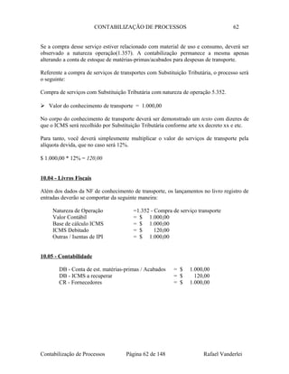 CONTABILIZAÇÃO DE PROCESSOS 62
Se a compra desse serviço estiver relacionado com material de uso e consumo, deverá ser
observado a natureza operação(1.357). A contabilização permanece a mesma apenas
alterando a conta de estoque de matérias-primas/acabados para despesas de transporte.
Referente a compra de serviços de transportes com Substituição Tributária, o processo será
o seguinte:
Compra de serviços com Substituição Tributária com natureza de operação 5.352.
 Valor do conhecimento de transporte = 1.000,00
No corpo do conhecimento de transporte deverá ser demonstrado um texto com dizeres de
que o ICMS será recolhido por Substituição Tributária conforme arte xx decreto xx e etc.
Para tanto, você deverá simplesmente multiplicar o valor do serviços de transporte pela
alíquota devida, que no caso será 12%.
$ 1.000,00 * 12% = 120,00
10.04 - Livros Fiscais
Além dos dados da NF de conhecimento de transporte, os lançamentos no livro registro de
entradas deverão se comportar da seguinte maneira:
Natureza de Operação =1.352 - Compra de serviço transporte
Valor Contábil = $ 1.000,00
Base de cálculo ICMS = $ 1.000,00
ICMS Debitado = $ 120,00
Outras / Isentas de IPI = $ 1.000,00
10.05 - Contabilidade
DB - Conta de est. matérias-primas / Acabados = $ 1.000,00
DB - ICMS a recuperar = $ 120,00
CR - Fornecedores = $ 1.000,00
Contabilização de Processos Página 62 de 148 Rafael Vanderlei
 