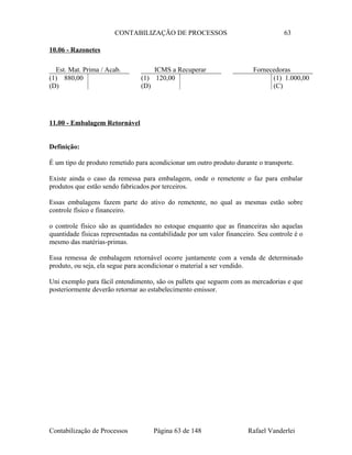 CONTABILIZAÇÃO DE PROCESSOS 63
10.06 - Razonetes
11.00 - Embalagem Retornável
Definição:
É um tipo de produto remetido para acondicionar um outro produto durante o transporte.
Existe ainda o caso da remessa para embalagem, onde o remetente o faz para embalar
produtos que estão sendo fabricados por terceiros.
Essas embalagens fazem parte do ativo do remetente, no qual as mesmas estão sobre
controle físico e financeiro.
o controle físico são as quantidades no estoque enquanto que as financeiras são aquelas
quantidade físicas representadas na contabilidade por um valor financeiro. Seu controle é o
mesmo das matérias-primas.
Essa remessa de embalagem retornável ocorre juntamente com a venda de determinado
produto, ou seja, ela segue para acondicionar o material a ser vendido.
Uni exemplo para fácil entendimento, são os pallets que seguem com as mercadorias e que
posteriormente deverão retornar ao estabelecimento emissor.
Contabilização de Processos Página 63 de 148 Rafael Vanderlei
Est. Mat. Prima / Acab.
(1) 880,00
(D)
ICMS a Recuperar
(1) 120,00
(D)
Fornecedoras
(1) 1.000,00
(C)
 