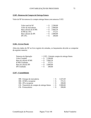 CONTABILIZAÇÃO DE PROCESSOS 73
12.05 - Remessa da Compra de Entrega Futura
Valor da NF da remessa d.e compra entrega futura com natureza 5.922:
Valor total da NF = $ 2.200,00
Valor da mercadoria = $ 2.000,00
Base cálculo do ICMS = $ 2.068,38
ICMS de 18% = $ 372,31
Base cálculo do IPI = $ 2.000,00
IPI 10% = $ 200,00
12.06 - Livros Fiscais
Além dos dados da NF no livro registro de entradas, os lançamentos deverão se comportar
da seguinte maneira:
Natureza de Operação = 1.922 - Entrada compra de entrega futura
Valor Contábil = $ 2.200,00
Base de cálculo ICMS = $ 2.068,38
ICMS Creditado = $ 372,31
Base de cálculo IPI = $ 2.000,00
IPI Creditado = $ 200,00
12.07 - Contabilidade
DB - Estoque de mercadoria = $ 1.627,69
DB - ICMS a recuperar = $ 372,31
DB - IPI a recuperar = $ 200,00
CR - Transitória de compra de entrega futura = $ 2.000,00
CR - Fornecedores = $ 200,00
Contabilização de Processos Página 73 de 148 Rafael Vanderlei
 
