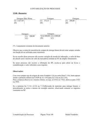 CONTABILIZAÇÃO DE PROCESSOS 74
12.08 - Razonetes
(*) - Lançamento existente de documento anterior.
Observe que a conta de transitória de compra de entrega futura deverá estar sempre zeradas
em função de ser utilizada como transitória.
Se na ocasião desse processo não ocorrer variação da moeda de indexação, o valor da base
de cálculo será o mesmo do valor da mercadoria emitida na NF de simples faturamento.
Se nesse processo não ocorrer a tributação do IPI, exclui-se para efeito de livros e
contabilização o valor referente a esse imposto.
Observações:
Caso essa compra seja de origem de outro Estado(6.116) ou outro País(7.116), basta apenas
mudar o primeiro número do CFOP de 1(1.116) para 2(2.116) ou 3(3.116),
Para a remessa observa-se o mesmo critério, ou seja, se 6.922 ou 7.922, altera-se para 2.922
ou 3922.
Se a natureza for 5.116 ,6.116 ou 7.116(Revenda de materiais para entrega futura), o
procedimento se torna o mesmo do exemplo anterior, observando somente os impostos
constantes na NF.
Contabilização de Processos Página 74 de 148 Rafael Vanderlei
Estoques Mat. Prima
(1) 1.627.69
(D)
Estoques
(1) 372,31
(D)
Estoques
(1) 200,00
(D)
Estoques
*(1)2.000,00 (1) 2.000,00
(D) (C)
Estoques
(1) 200,00
(C)
 