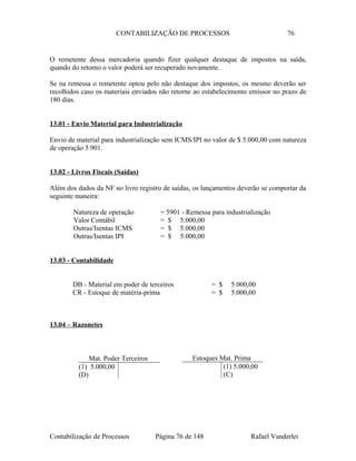 CONTABILIZAÇÃO DE PROCESSOS 76
O remetente dessa mercadoria quando fizer qualquer destaque de impostos na saída,
quando do retorno o valor poderá ser recuperado novamente.
Se na remessa o remetente optou pelo não destaque dos impostos, os mesmo deverão ser
recolhidos caso os materiais enviados não retorne ao estabelecimento emissor no prazo de
180 dias.
13.01 - Envio Material para Industrialização
Envio de material para industrialização sem ICMS/IPI no valor de $ 5.000,00 com natureza
de operação 5.901.
13.02 - Livros Fiscais (Saídas)
Além dos dados da NF no livro registro de saídas, os lançamentos deverão se comportar da
seguinte maneira:
Natureza de operação = 5901 - Remessa para industrialização
Valor Contábil = $ 5.000,00
Outras/Isentas ICMS = $ 5.000,00
Outras/Isentas IPI = $ 5.000,00
13.03 - Contabilidade
DB - Material em poder de terceiros = $ 5.000,00
CR - Estoque de matéria-prima = $ 5.000,00
13.04 – Razonetes
Contabilização de Processos Página 76 de 148 Rafael Vanderlei
Mat. Poder Terceiros
(1) 5.000,00
(D)
Estoques Mat. Prima
(1) 5.000,00
(C)
 