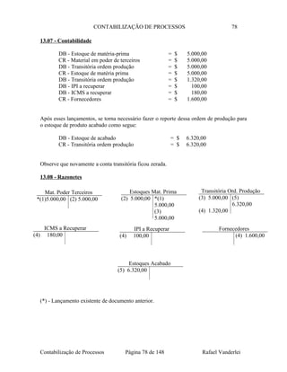 CONTABILIZAÇÃO DE PROCESSOS 78
13.07 - Contabilidade
DB - Estoque de matéria-prima = $ 5.000,00
CR - Material em poder de terceiros = $ 5.000,00
DB - Transitória ordem produção = $ 5.000,00
CR - Estoque de matéria prima = $ 5.000,00
DB - Transitória ordem produção = $ 1.320,00
DB - IPI a recuperar = $ 100,00
DB - ICMS a recuperar = $ 180,00
CR - Fornecedores = $ 1.600,00
Após esses lançamentos, se torna necessário fazer o reporte dessa ordem de produção para
o estoque de produto acabado como segue:
DB - Estoque de acabado = $ 6.320,00
CR - Transitória ordem produção = $ 6.320,00
Observe que novamente a conta transitória ficou zerada.
13.08 - Razonetes
(*) - Lançamento existente de documento anterior.
Contabilização de Processos Página 78 de 148 Rafael Vanderlei
Mat. Poder Terceiros
*(1)5.000,00 (2) 5.000,00
Estoques Mat. Prima
(2) 5.000,00 *(1)
5.000,00
(3)
5.000,00
Transitória Ord. Produção
(3) 5.000,00 (5)
6.320,00
(4) 1.320,00
ICMS a Recuperar
(4) 180,00
Estoques Acabado
(5) 6.320,00
IPI a Recuperar
(4) 100,00
Fornecedores
(4) 1.600,00
 