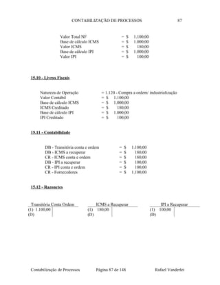 CONTABILIZAÇÃO DE PROCESSOS 87
Valor Total NF = $ 1.100,00
Base de cálculo ICMS = $ 1.000,00
Valor ICMS = $ 180,00
Base de cálculo IPI = $ 1.000,00
Valor IPI = $ 100,00
15.10 - Livros Fiscais
Natureza de Operação = 1.120 - Compra a ordem/ industrialização
Valor Contábil = $ 1.100,00
Base de cálculo ICMS = $ 1.000,00
ICMS Creditado = $ 180,00
Base de cálculo IPI = $ 1.000,00
IPI Creditado = $ 100,00
15.11 - Contabilidade
DB - Transitória conta e ordem = $ 1.100,00
DB - ICMS a recuperar = $ 180,00
CR - ICMS conta e ordem = $ 180,00
DB - IPI a recuperar = $ 100,00
CR - IPI conta e ordem = $ 100,00
CR - Fornecedores = $ 1.100,00
15.12 - Razonetes
Contabilização de Processos Página 87 de 148 Rafael Vanderlei
Transitória Conta Ordem
(1) 1.100,00
(D)
ICMS a Recuperar
(1) 180,00
(D)
IPI a Recuperar
(1) 100,00
(D)
 
