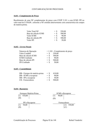 CONTABILIZAÇÃO DE PROCESSOS 92
16.01 - Complemento de Preço
Recebimento de uma NF complementar de preço com CFOP 5.101 e com ICMS /lPI no
valor total de $ 550,00 , referente a NF emitida anteriormente com característica de compra
de matéria-prima.
Valor Total NF = $ 550,00
Base de cálculo ICMS = $ 500,00
Valor ICMS = $ 90,00
Base de cálculo IPI = $ 500,00
Valor IPI = $ 50,00
16.02 – Livros Fiscais
Natureza de Operação = 1.101 - Complemento de preço
Valor Contábil = $ 550,00
Base de cálculo ICMS = $ 500,00
ICMS Creditado = $ 90,00
Base de cálculo IPI = $ 500,00
IPI Creditado = $ 50,00
16.03 - Contabilidade
DB - Estoque de matéria-prima = $ 410,00
DB - ICMS a recuperar = $ 90,00
DB - IPI a recuperar = $ 50,00
CR - Fornecedores = $ 500,00
16.04 - Razonetes
Contabilização de Processos Página 92 de 148 Rafael Vanderlei
Estoques Matéria-Prima
(1) 410,00
(D)
ICMS a Recuperar
(1) 90,00
(D)
Fornecedores
(1) 550,00
(C)
IPI a Recuperar
(1) 50,00
(D)
 