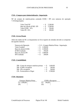 CONTABILIZAÇÃO DE PROCESSOS 95
17.01 - Compras para Industrialização - Importação
NF de compra de matéria-prima contendo ICMS / IPI com natureza de operação
7.101(Importação).
Valor Total NF = $ 2.200,00
Base de cálculo ICMS / IPI = $ 2.200,00
Valor ICMS 18% = $ 396,00
Valor IPI 10% = $ 200,00
17.02 - Livros Fiscais
Além dos dados da NF, os lançamentos no livro registro de entradas deverão se comportar
da seguinte maneira:
Natureza de Operação = 3.11 - Compra Matéria-Prima - Importação
Valor Contábil = $ 2.200,00
Base de cálculo ICMS = $ 2.200,00
ICMS Creditado = $ 396,00
Base de cálculo IPI = $ 2.000,00
IPI Creditado = $ 200,00
17.03 - Contabilidade
DB - Conta de estoques matérias-primas = $ 1.604,00
DB - ICMS a recuperar = $ 396,00
DB - IPI a recuperar = $ 200,00
CR - Fornecedores a Pagar = $ 2.200,00
17.04 - Razonetes
Contabilização de Processos Página 95 de 148 Rafael Vanderlei
Estoques Matéria-Prima
(1) 1.604,00
(D)
ICMS a Recuperar
(1) 396,00
(D)
 
