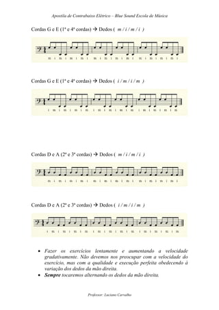 Apostila de Contrabaixo Elétrico – Blue Sound Escola de Música
Professor: Luciano Carvalho
Cordas G e E (1ª e 4ª cordas) Dedos ( m / i / m / i )
Cordas G e E (1ª e 4ª cordas) Dedos ( i / m / i / m )
Cordas D e A (2ª e 3ª cordas) Dedos ( m / i / m / i )
Cordas D e A (2ª e 3ª cordas) Dedos ( i / m / i / m )
• Fazer os exercícios lentamente e aumentando a velocidade
gradativamente. Não devemos nos preocupar com a velocidade do
exercício, mas com a qualidade e execução perfeita obedecendo à
variação dos dedos da mão direita.
• Sempre tocaremos alternando os dedos da mão direita.
 