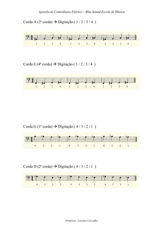 Apostila de Contrabaixo Elétrico – Blue Sound Escola de Música
Professor: Luciano Carvalho
Corda A (3ª corda) Digitação ( 1 / 2 / 3 / 4 )
Corda E (4ª corda) Digitação ( 1 / 2 / 3 / 4 )
Corda G (1ª corda) Digitação ( 4 / 3 / 2 / 1 )
Corda D (2ª corda) Digitação ( 4 / 3 / 2 / 1 )
 