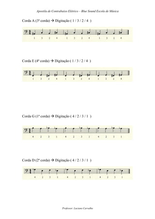 Apostila de Contrabaixo Elétrico – Blue Sound Escola de Música
Professor: Luciano Carvalho
Corda A (3ª corda) Digitação ( 1 / 3 / 2 / 4 )
Corda E (4ª corda) Digitação ( 1 / 3 / 2 / 4 )
Corda G (1ª corda) Digitação ( 4 / 2 / 3 / 1 )
Corda D (2ª corda) Digitação ( 4 / 2 / 3 / 1 )
 