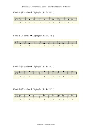 Apostila de Contrabaixo Elétrico – Blue Sound Escola de Música
Professor: Luciano Carvalho
Corda A (3ª corda) Digitação ( 4 / 2 / 3 / 1 )
Corda E (4ª corda) Digitação ( 4 / 2 / 3 / 1 )
Corda G (1ª corda) Digitação ( 1 / 4 / 2 / 3 )
Corda D (2ª corda) Digitação ( 1 / 4 / 2 / 3 )
 