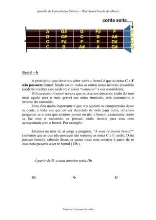 Apostila de Contrabaixo Elétrico – Blue Sound Escola de Música
Professor: Luciano Carvalho
Bemol – b
A princípio o que devemos saber sobre o bemol é que as notas C e F
não possuem bemol. Sendo assim, todas as outras notas naturais possuirão
(poderão receber esse acidente e assim “temperar” a sua sonoridade).
Utilizaremos o bemol sempre que estivermos descendo (indo do som
mais agudo para o mais grave) nas notas musicais, será exatamente o
inverso do sustenido.
Uma dica muito importante e que nos ajudará na compreensão desse
acidente, é toda vez que estiver descendo de nota para outra, devemos
perguntar se a nota que estamos possui ou não o bemol, exatamente como
se faz com o sustenido, se possuir, então iremos para essa nota
acrescentada com o bemol. Por exemplo:
Estamos na nota ré, aí surge a pergunta. “A nota ré possui bemol?”
(sabemos que as que não possuem são somente as notas C e F, então, D irá
possuir bemol), sabendo disso, se quero tocar nota anterior à partir de ré
essa nota passaria a ser ré bemol ( Db ).
À partir de D a nota anterior seria Db.
Db D
 